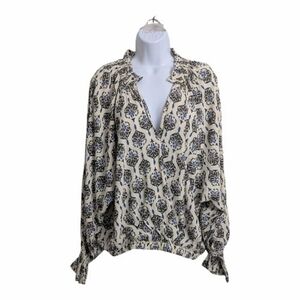 Finley Ivory Blue Brette Medallion Print Blouse Dolman Long Sleeve Slouchy S